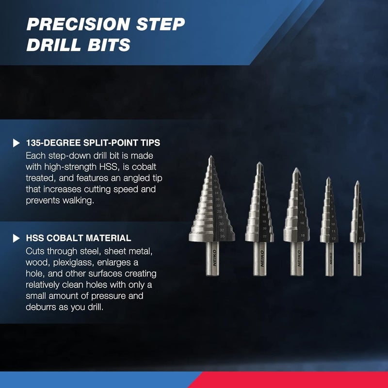 NEIKO 10198A Step Drill Bit Set | 5 Piece, 4mm- 35mm | Metric Titanium High Speed Steel Unibit, Stepper Cone Drill Bit | Two Flute Step Down Bits, 135 Degree Point - Image 2